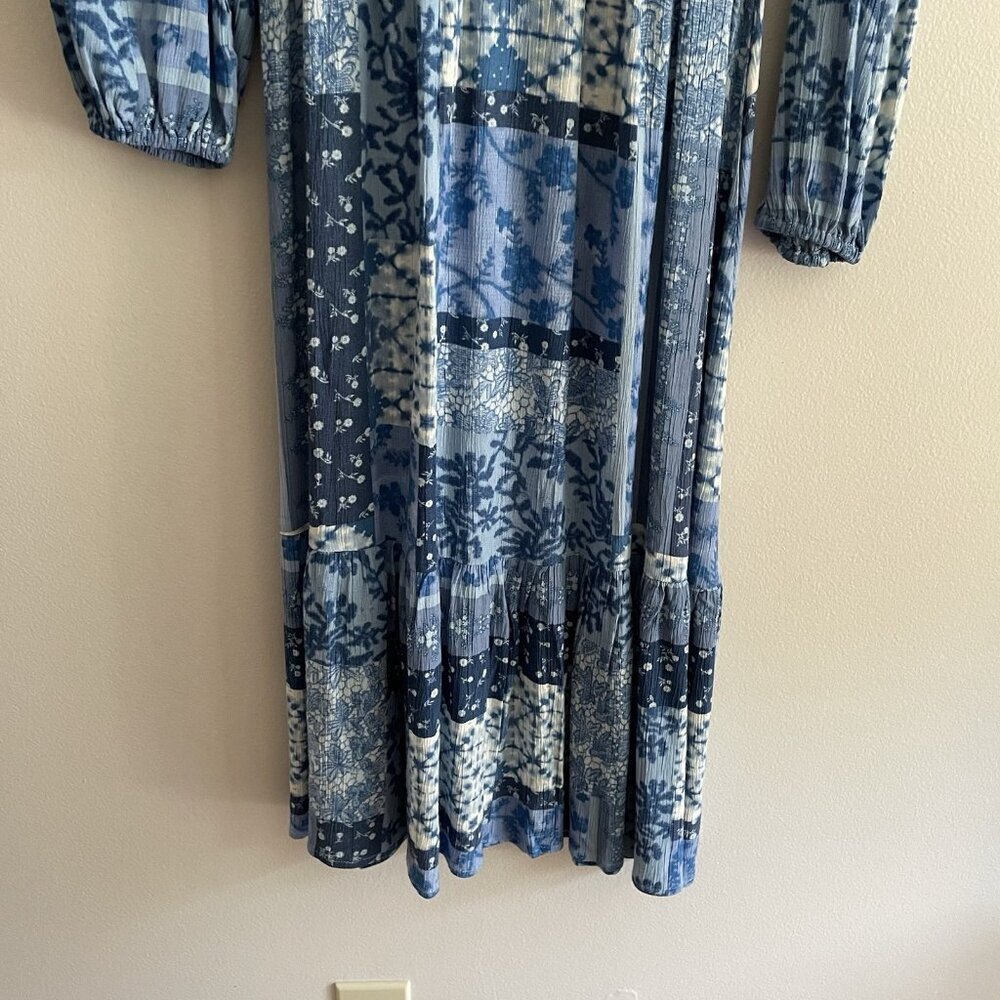 Frye Women XS Blue Chambray Patchwork Boho Western Long Sleeve Midi Dress NWT - Picture 3 of 15